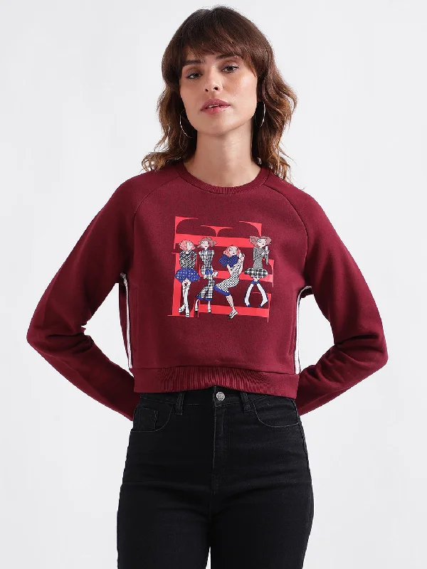 Elle Women Red Printed Round Neck Full Sleeves Pullover Style Sweatshirt