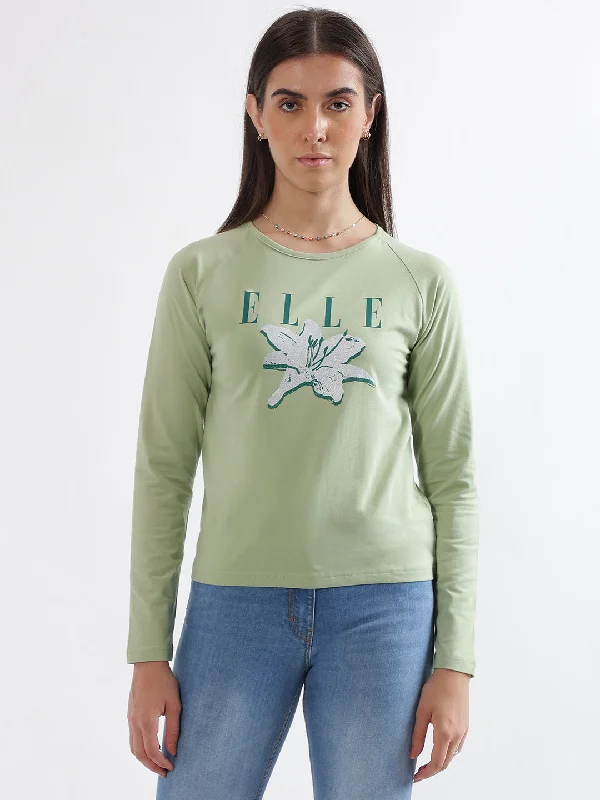 Elle Women Green Printed Round Neck Full Sleeves T-Shirt