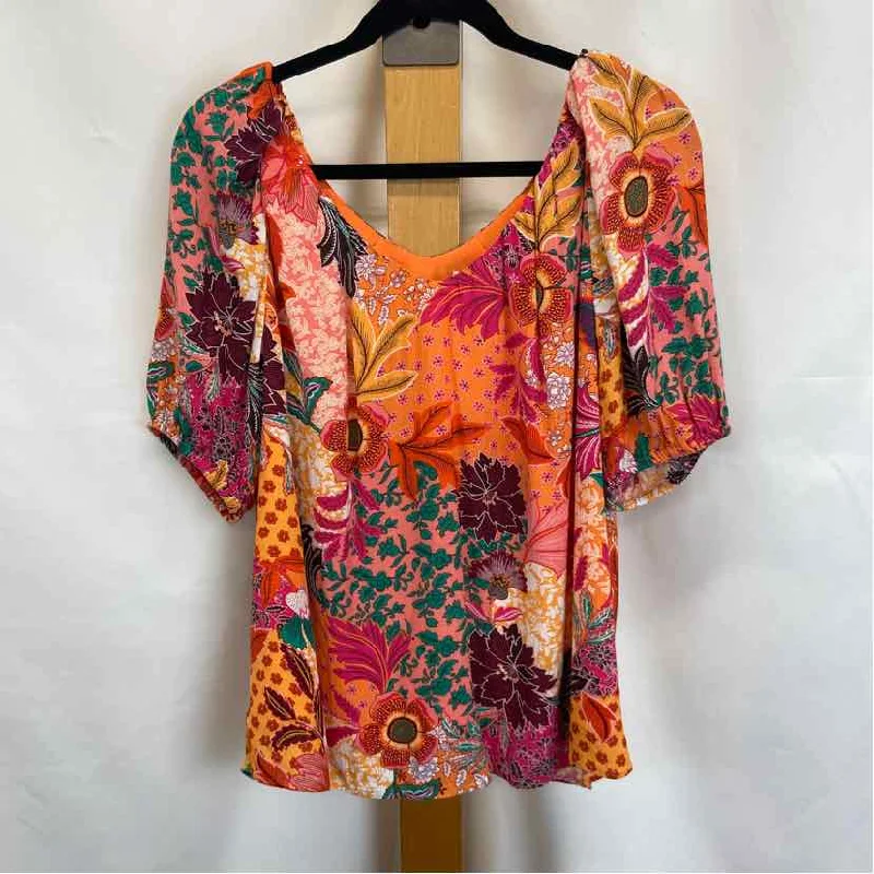 Loft Women's Size M Orange Floral Short Sleeve Shirt