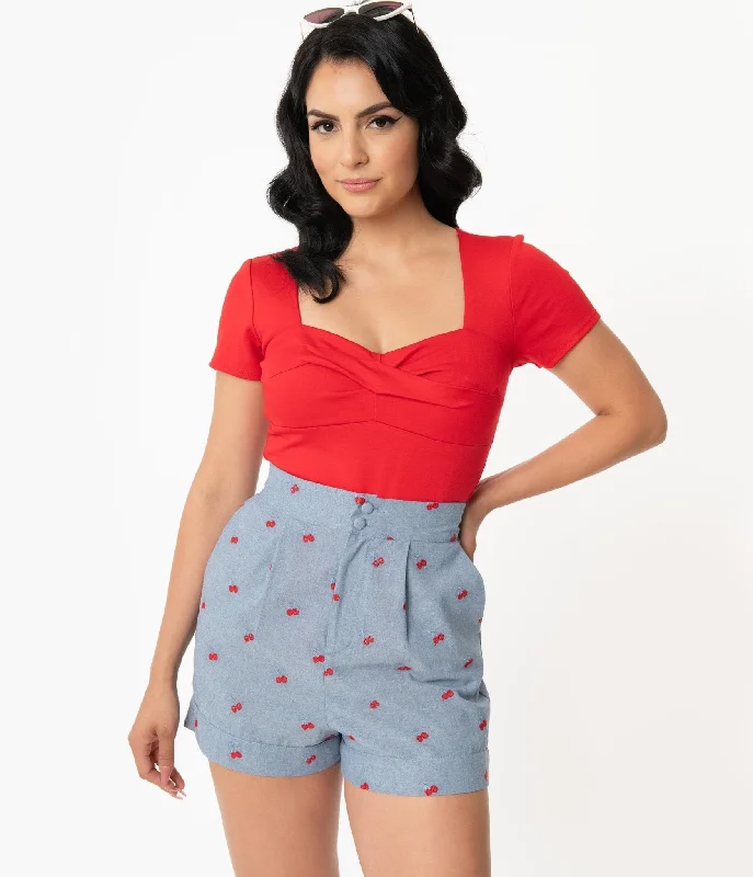 Unique Vintage 1960s Chambray & Cherry Cotton High Waist Stella Shorts