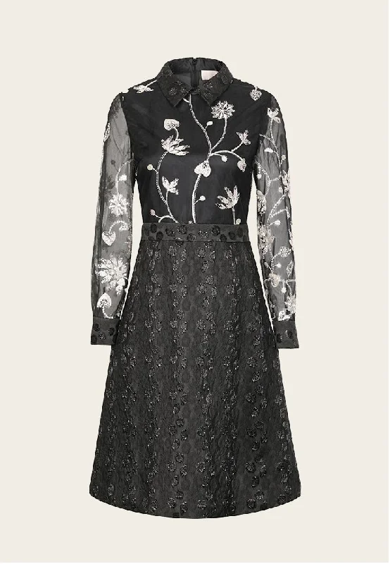 Light Black Collar Jacquard Dinner Dress