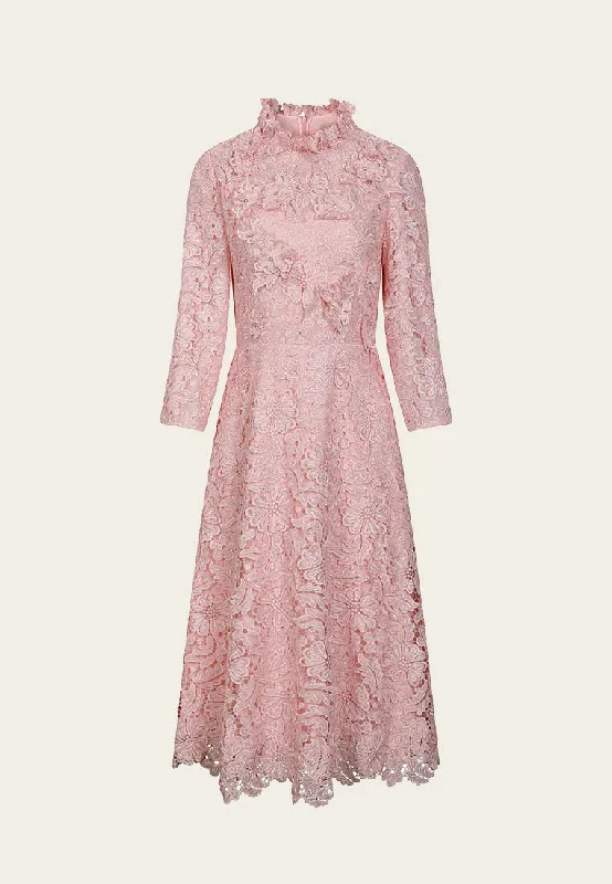 Pink Embellished Floral Lace Evening Dress