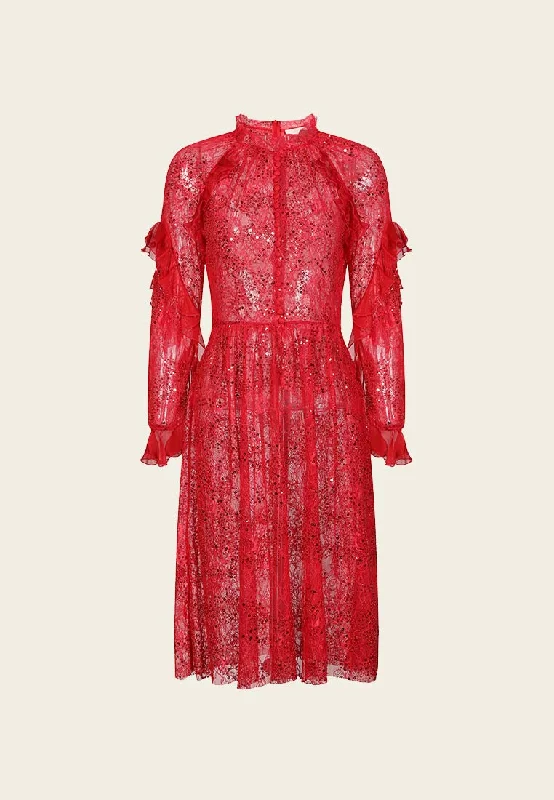 Red Floral-embellished Long-sleeves Evening Dress