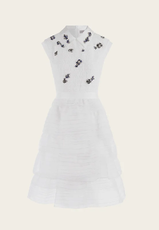 Rhinestone Embellished Tweed Organza-detailing Cocktail Dress