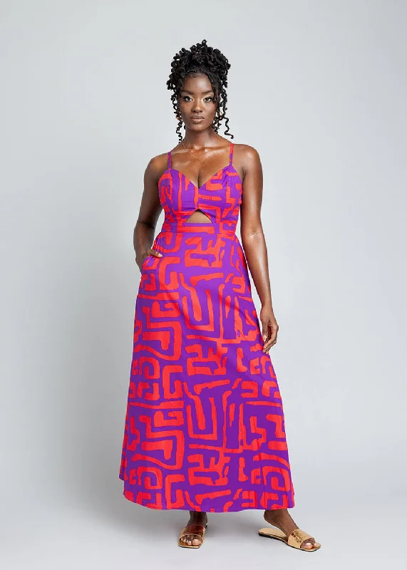 Anjiola Women's African Print Maxi Dress (Purple Red Geometric)