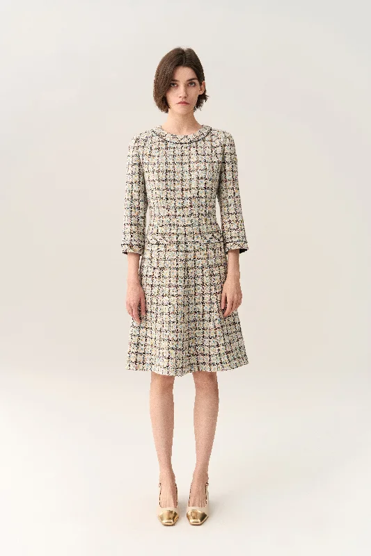 Flared-hem Patch Pocket Checker Tweed Dress