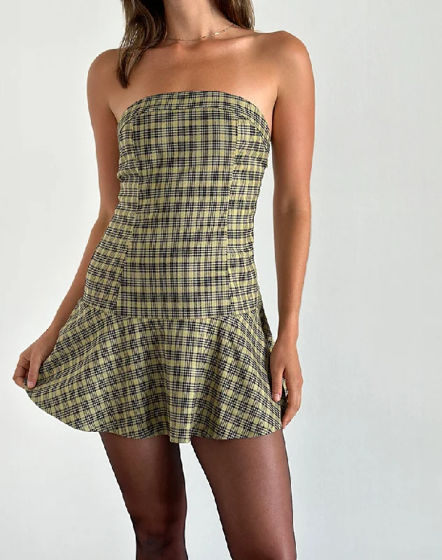 Hadia Bandeau Mini Dress in Check Yellow