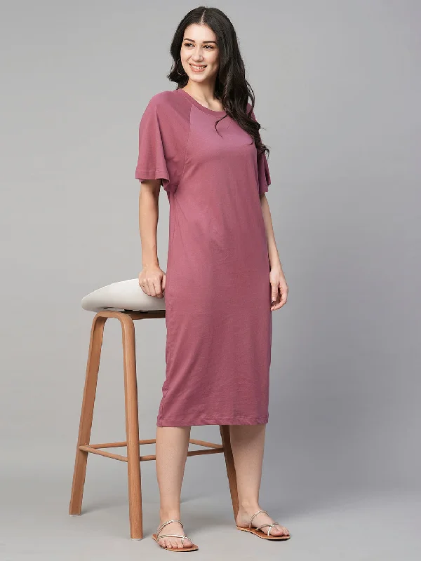 Women's Wine Cotton Loose Fit Knit Dress