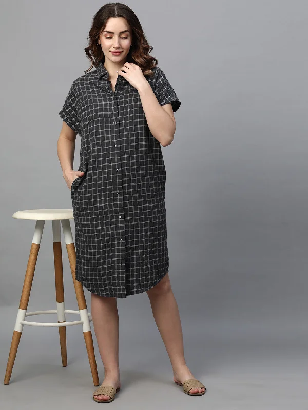 Women's Black Cotton Linen Boxy Fit Dress