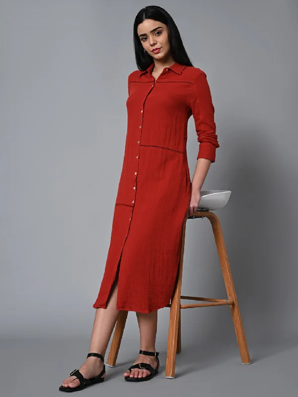 Women's Rust Cotton Regular Fit Dress