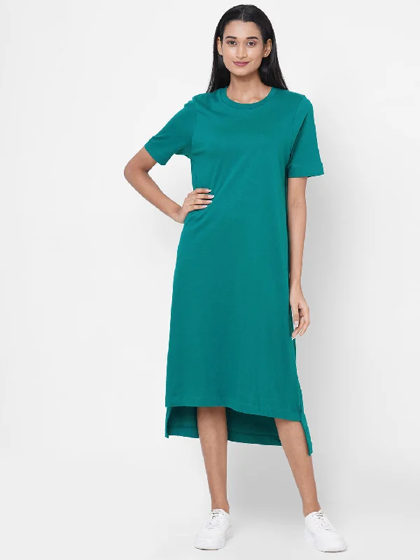 Women's Teal Cotton Regular Fit Knit Dress