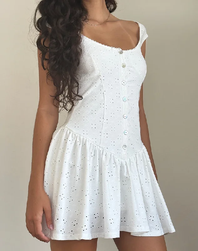 Misty Mini Tea Dress in Broderie White