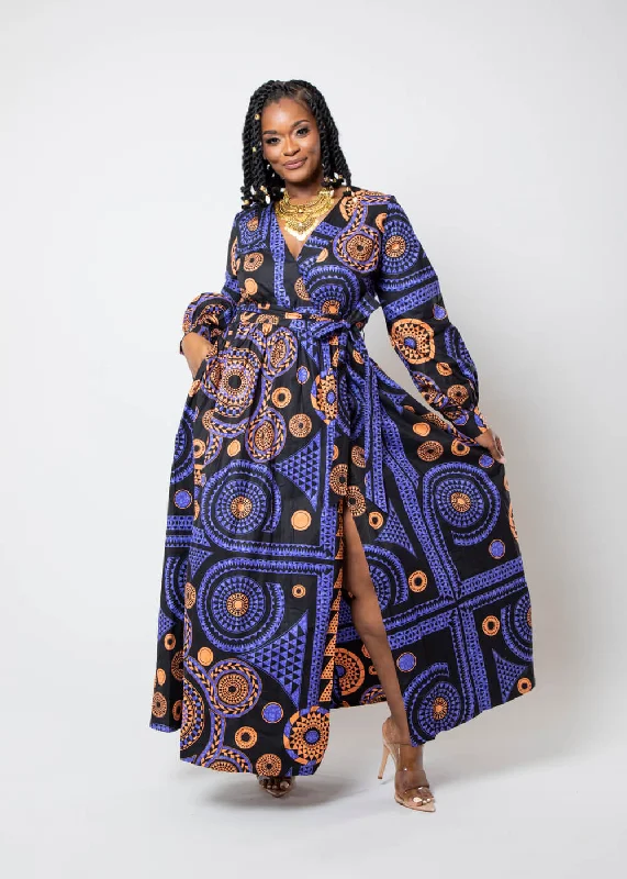 Rehema Women's African Print Faux Wrap Maxi Dress (Purple Mandala)