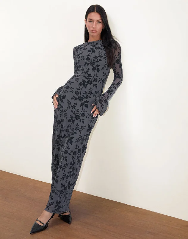 Slokya Long Sleeve Maxi Dress in Vine Floral Flock Ocean Storm