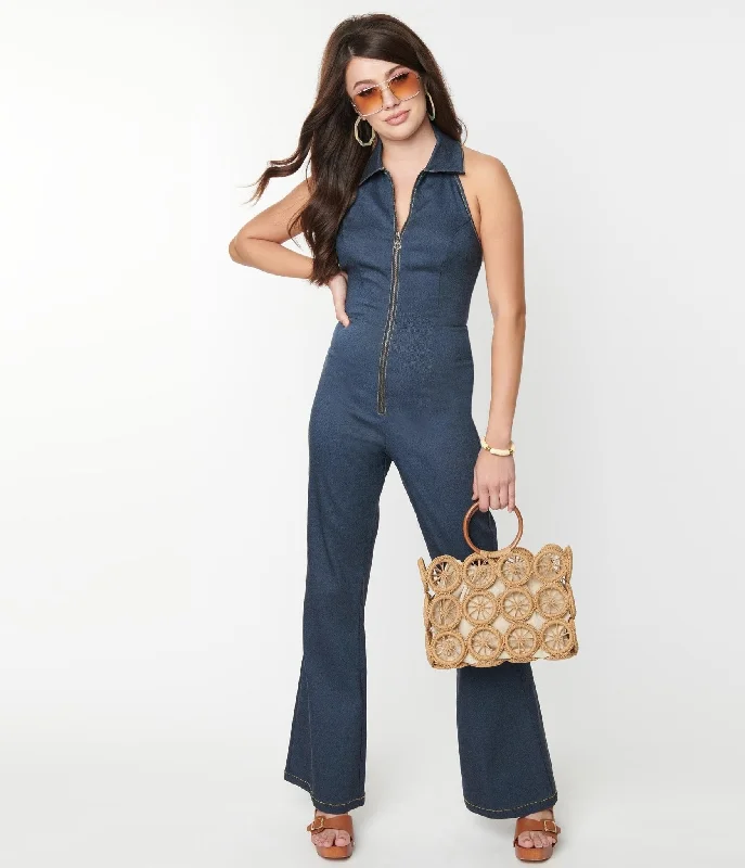 Smak Parlour 1970s Denim Bengaline Front Zipper Halter Jumpsuit