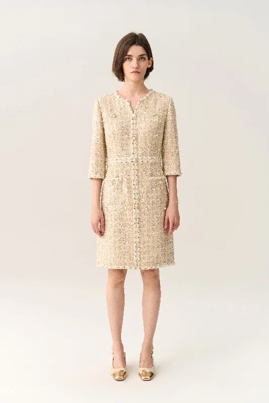 Three-quarter Sleeve Embellished Tweed Dress