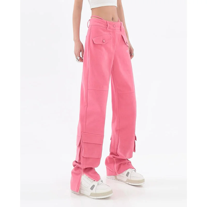 Amy Fashion - Pocket Straight Vintage Pink Cargo Jeans