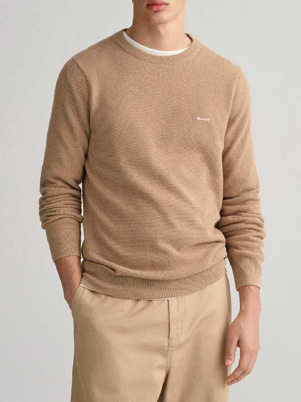 Gant Men Beige Solid Round Neck Sweater