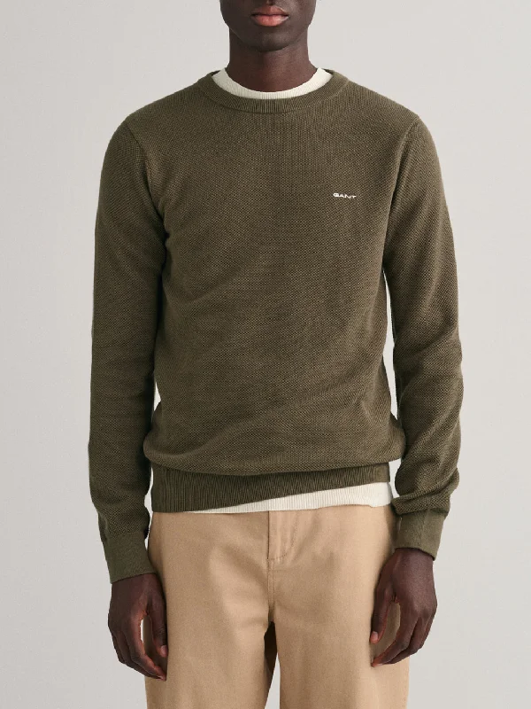 Gant Men Green Solid Round Neck Sweater