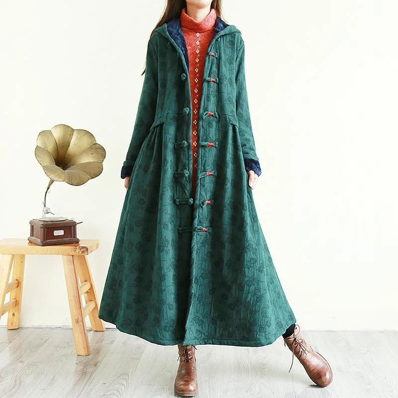 Art Hooded Winter Thick Tunic Pattern Green Plus Size Clothing Outwear