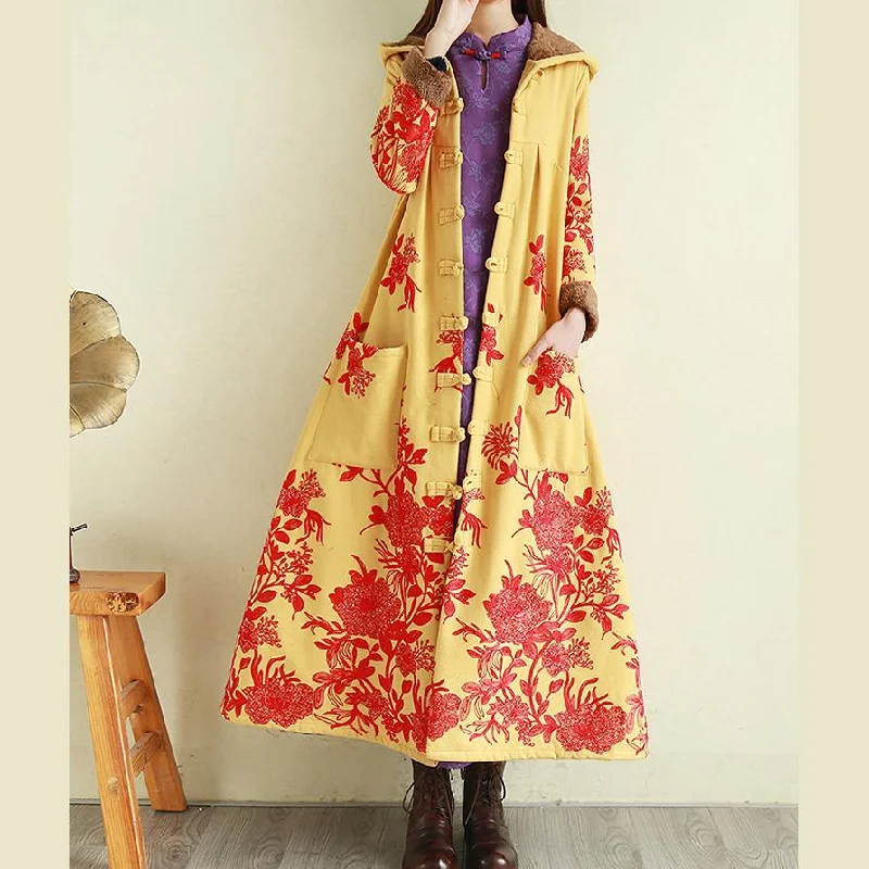 Casual yellow Parkas for women oversize warm winter coat embroidery floral winter coats hooded