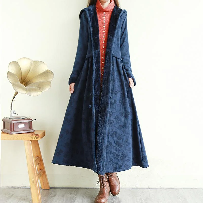 diy hooded Fine embroidery coats women navy Knee coats