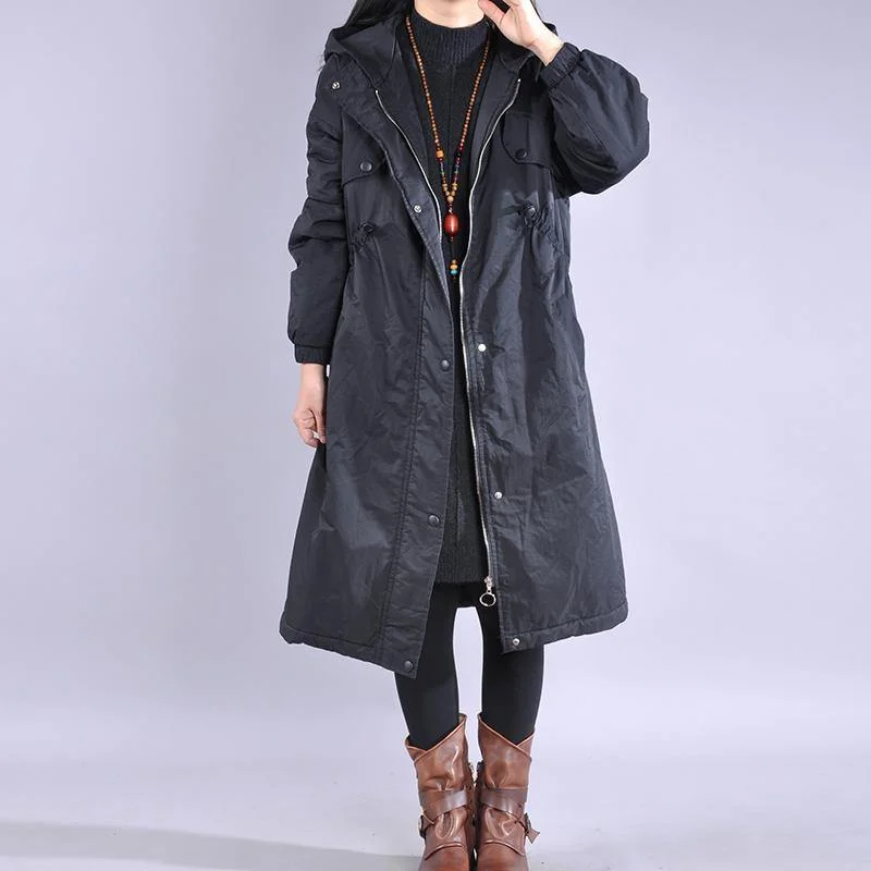 Elegant black winter parkas oversized snow jackets drawstring hooded overcoat