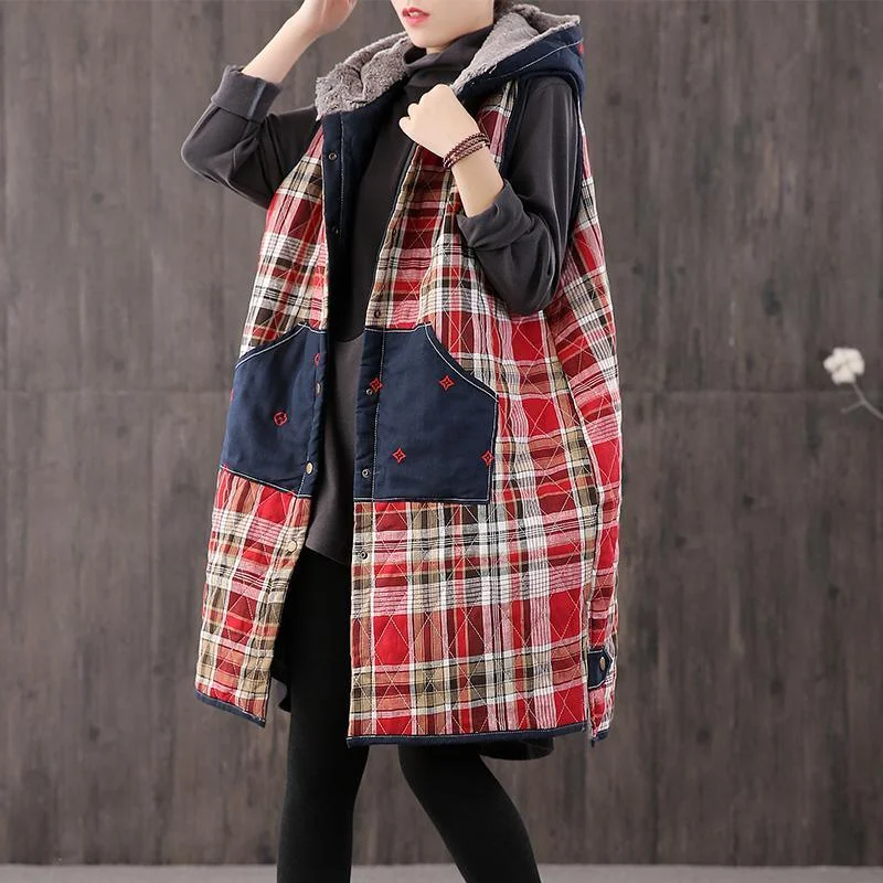 Fine plaid Parkas plus size winter outwear hooded patchwork coat