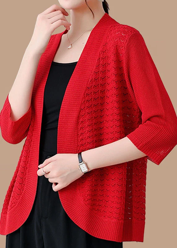 Modern Orange Hollow Out Patchwork Thin Knit Cardigan Bracelet Sleeve