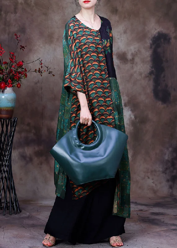 Natural Green O-Neck Asymmetrical Print Patchwork Silk Cardigans And Wide Leg Pants Two Pieces Set Long Sleeve