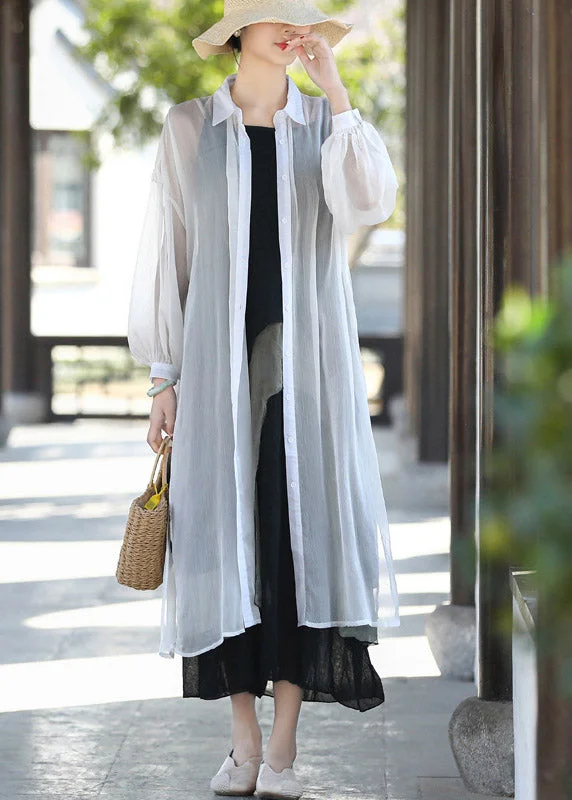 Natural White Peter Pan Collar Hollow Out Tulle Loose Cardigan Long Sleeve