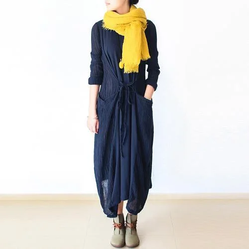 Navy fake two pieces pathwork linen cardigan with cotton dresses inside