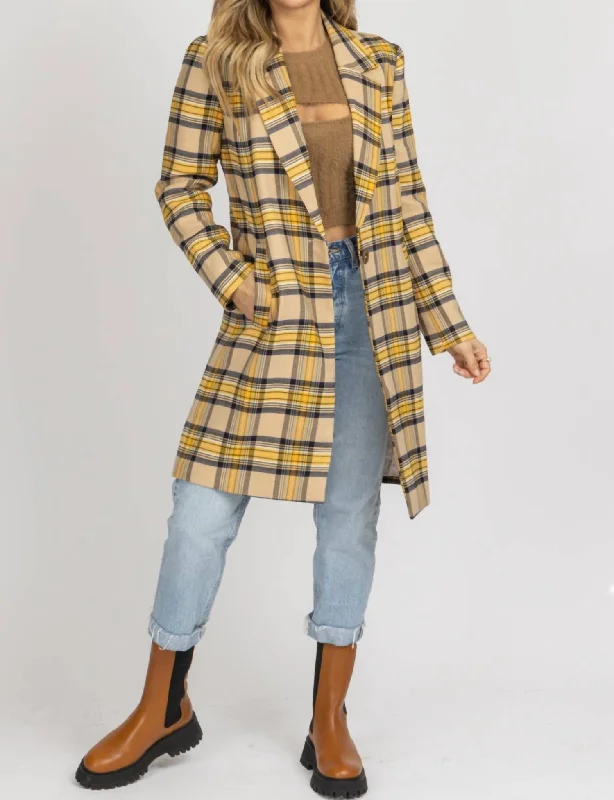 Plaid Long Coat In Taupe/mustard