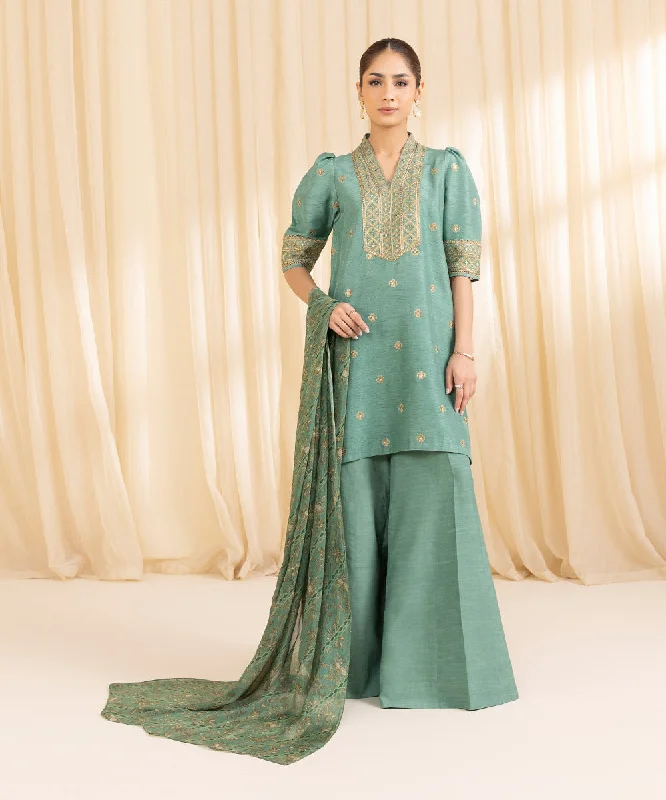 3 Piece -  Embroidered Raw Silk Suit