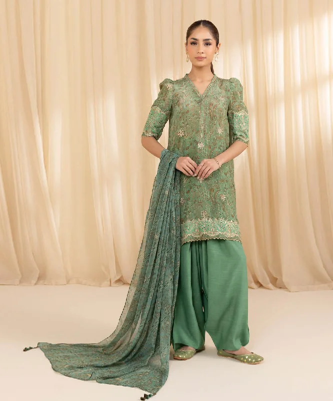 3 Piece -  Embroidered Silk Suit