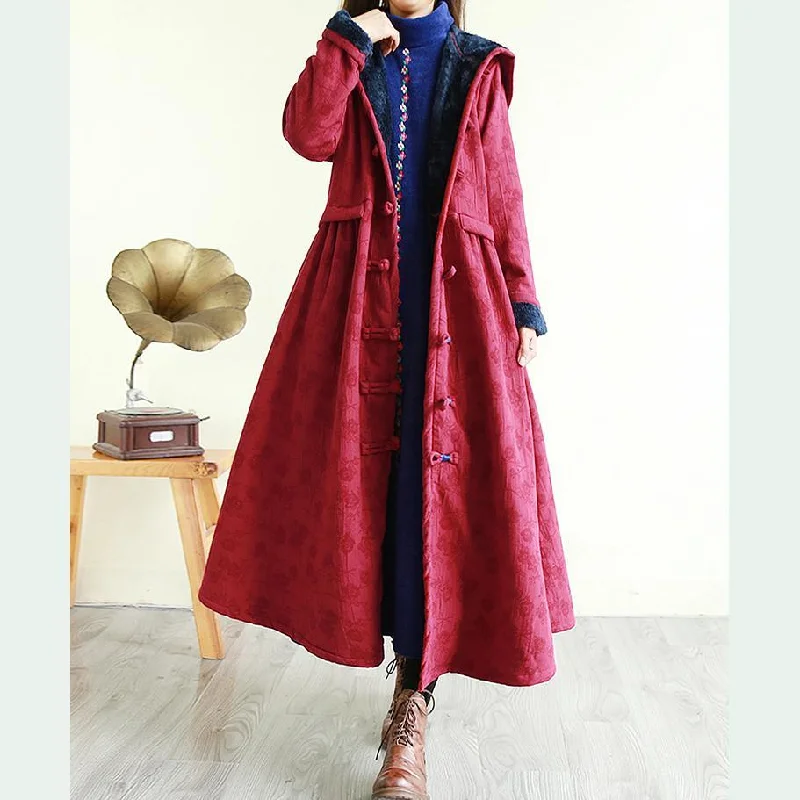 Unique hooded Fine embroidery Long coats burgundy silhouette outwear