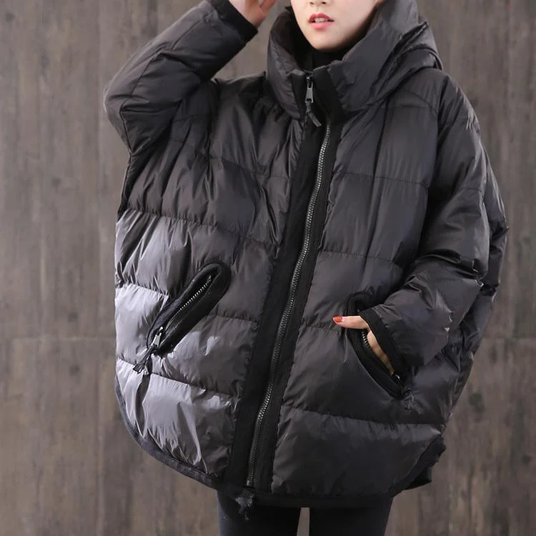 women black thick down jacket woman Loose fitting hooded winter jacket side open Elegant winter outwear