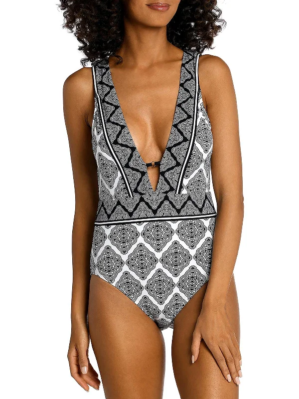 Mio Womens Printed Plunging One-Piece Swimsuit