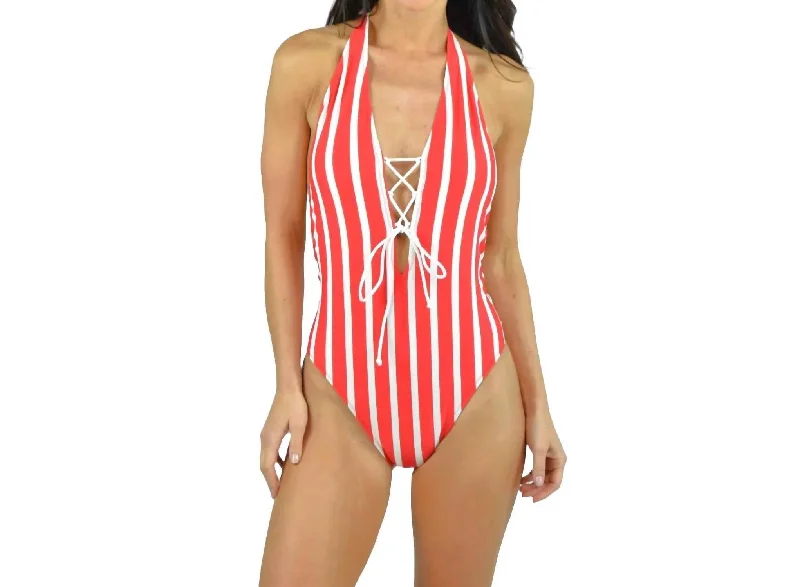 Stripe Laced Front Halter One Piece Swimsuit In Red/ivory