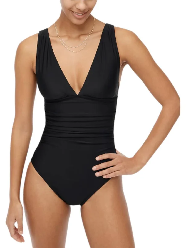 V-Neck Ruched One-Piece Swimsuit In Bk0001