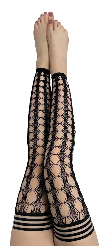 Jo: Footless Black Circle Fishnet Thigh Highs. Petite to Plus Size