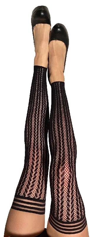 Lindsay: Foot Loose & Fancy Free, Footless Black Stripe Fishnet Thigh Highs. Petite to Plus Size