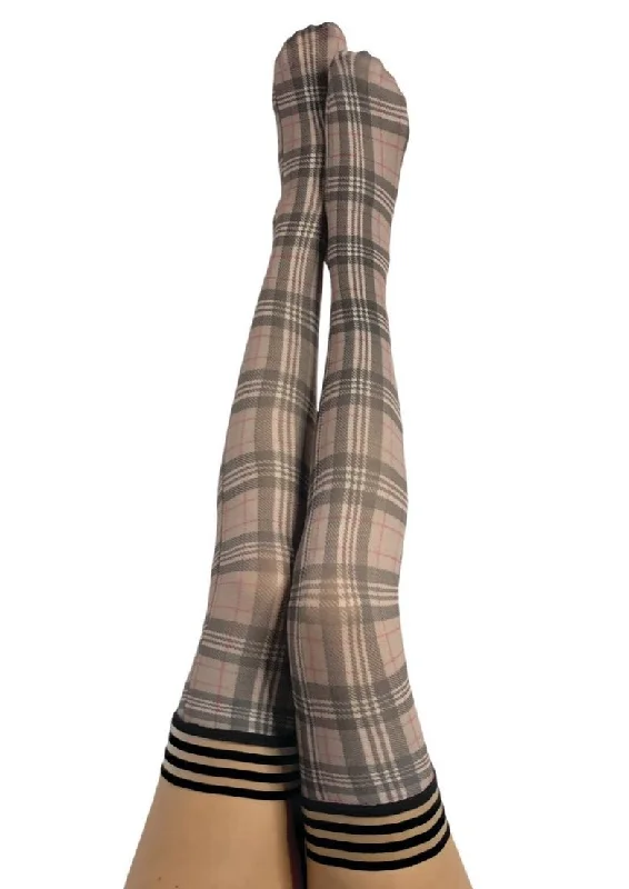 Lori: From Backroads to Boardrooms, Tan/Black Plaid Thigh Highs. Petite to Plus Size