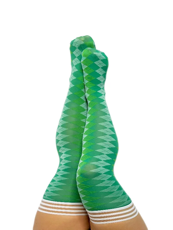 Par 4 - Green Argyle Thigh Highs. Petite to Plus Size